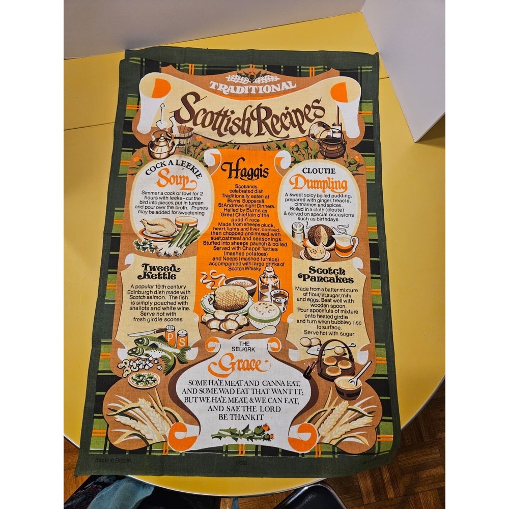 Vintage Scottish Cotton Kitchen Tea Dish Towel Haggis Shortbread Recipe Scotland